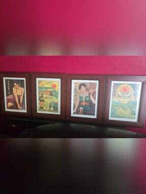 Retro Asahi Beer Japanese Advertisement Postcard Prints, Framed Set of 4